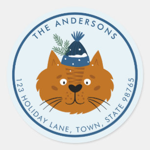 Cute Christmas Cat in Blue Knit Hat Customizable Classic Round Sticker