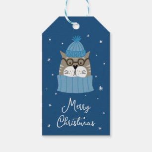 Cute Christmas Cat in Cozy Blue Knits Gift Tags