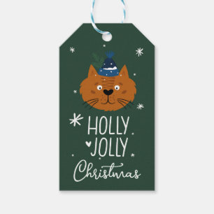 Cute Christmas Cat in Cozy Knit Hat Green Gift Tags