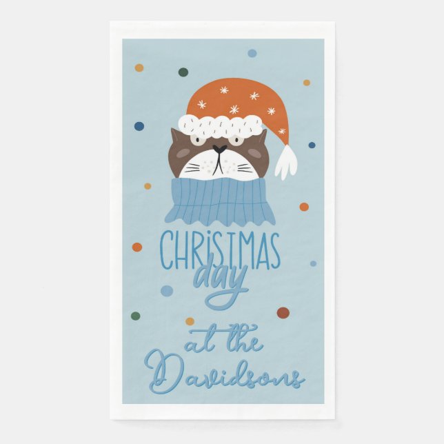Cute Christmas Cat in Cozy Knits Blue Paper Guest Towels (Front)