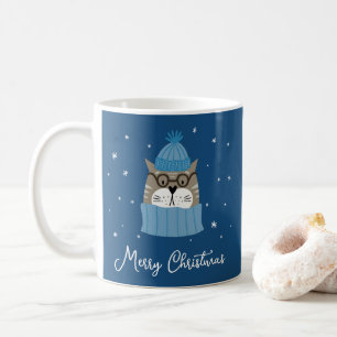 Cute Christmas Cat in Cozy Knits Snowflakes Blue Coffee Mug