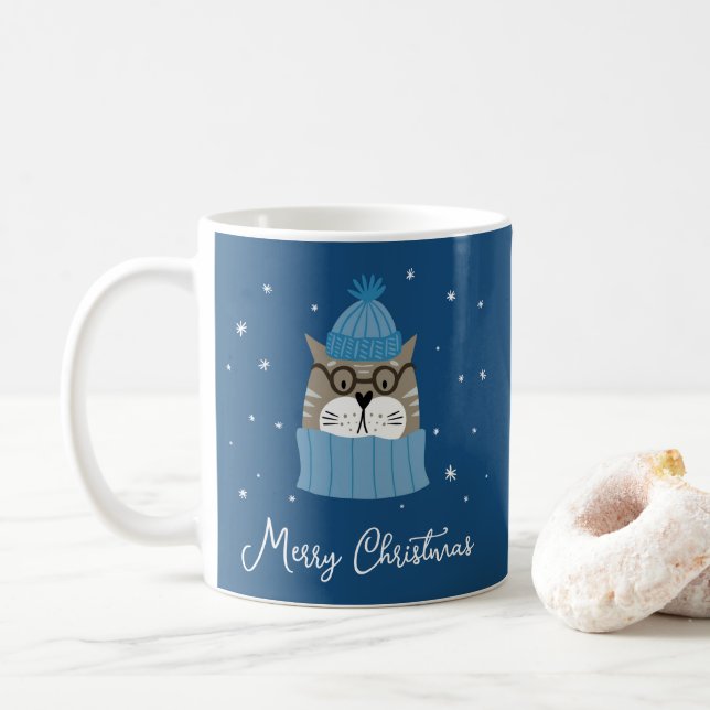 Cute Christmas Cat in Cozy Knits Snowflakes Blue Coffee Mug (With Donut)