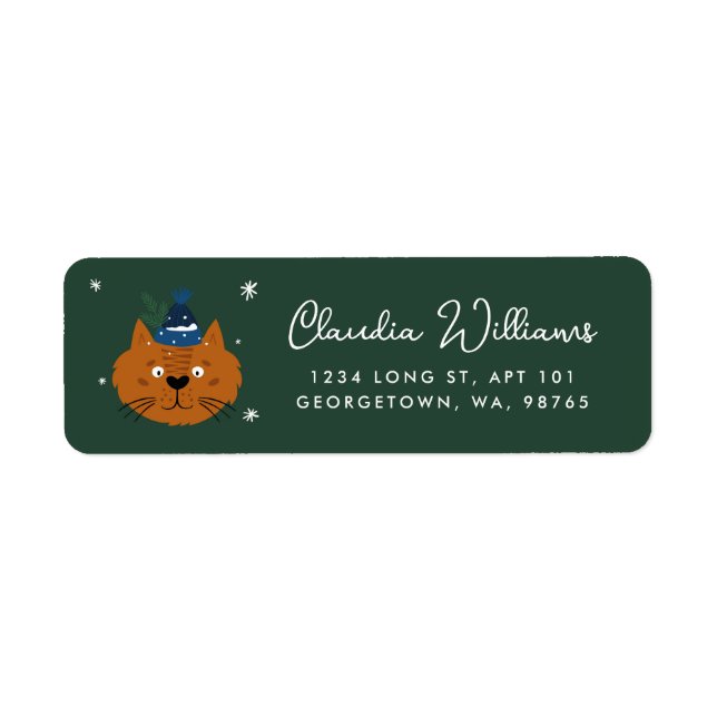 Cute Christmas Cat in Knit Hat Return Address Label (Front)