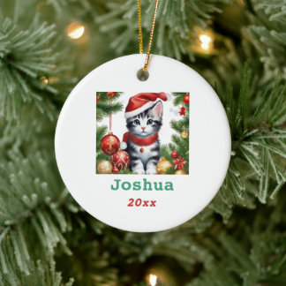 Cute Christmas Cat in Santa Hat Personalize Ceramic Ornament