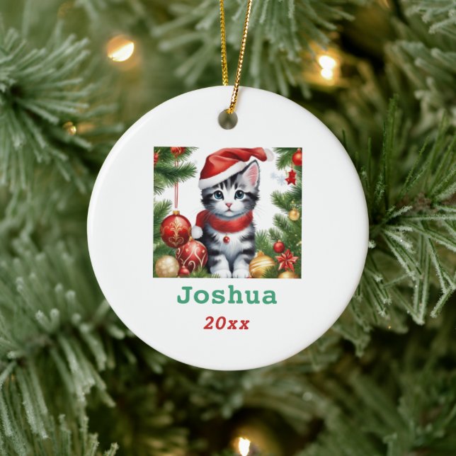 Cute Christmas Cat in Santa Hat Personalize Ceramic Ornament (Tree)