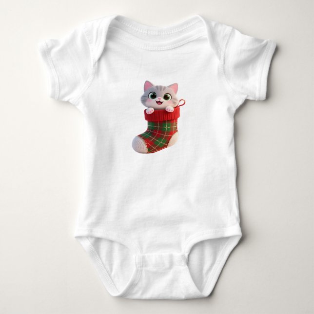 Cute Christmas Cat in Stocking Baby Jersey T-Shirt Bodysuit (Front)