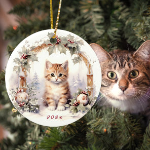 Cute Christmas cat kitten animal  Ceramic Ornament