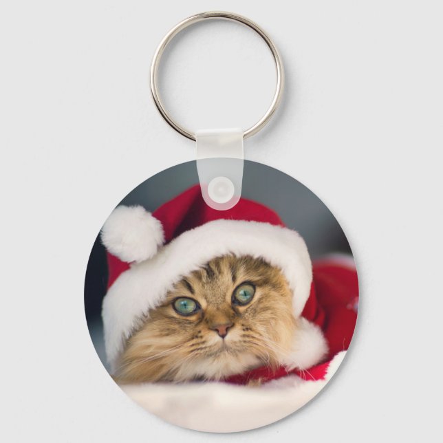 Cute Christmas cat lying Keychain (Front)