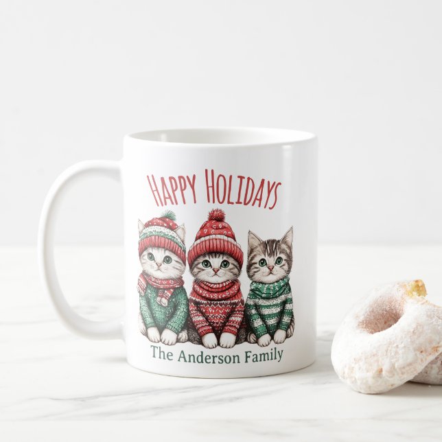 Cute Christmas Cat Mug | Custom Family Name (With Donut)
