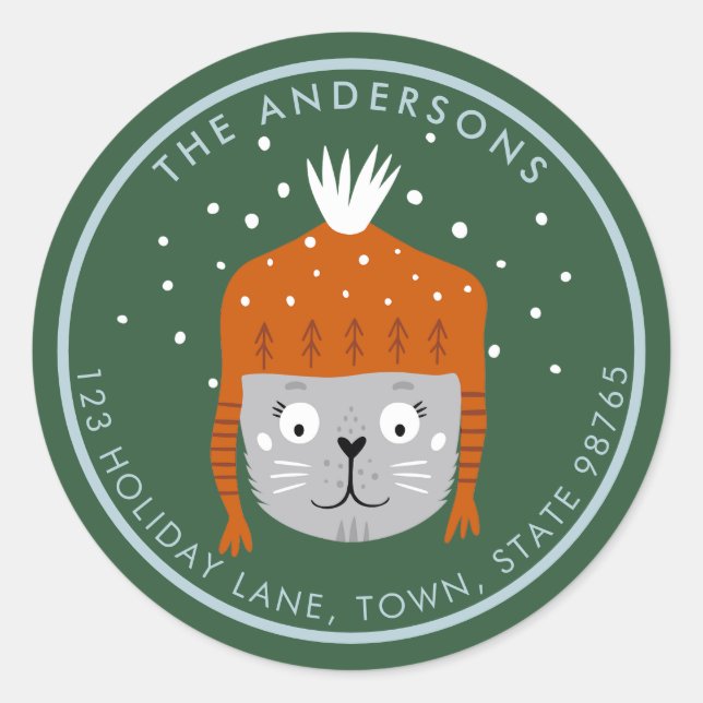 Cute Christmas Cat Orange Hat Green Customizable Classic Round Sticker (Front)