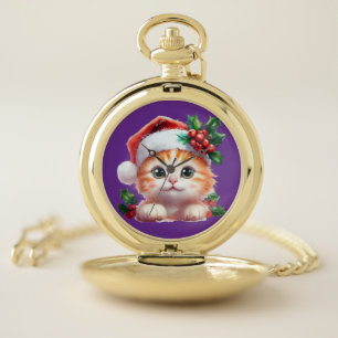 Cute Christmas Cat Ornament - Festive Holiday Gift Pocket Watch
