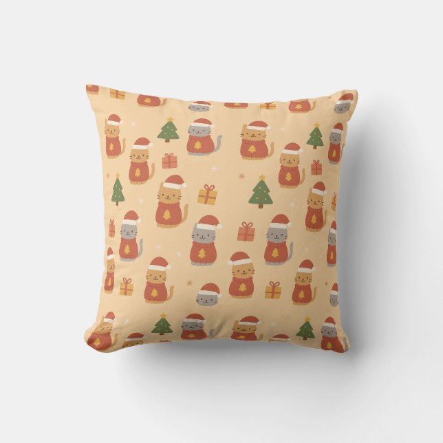 Cute Christmas Cat Pattern – Kawaii Festive Cats & Throw Pillow (Front)