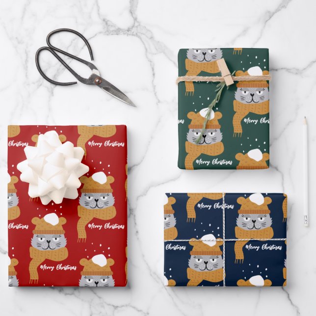 Cute Christmas Cat Pattern  Wrapping Paper Sheets (Front)