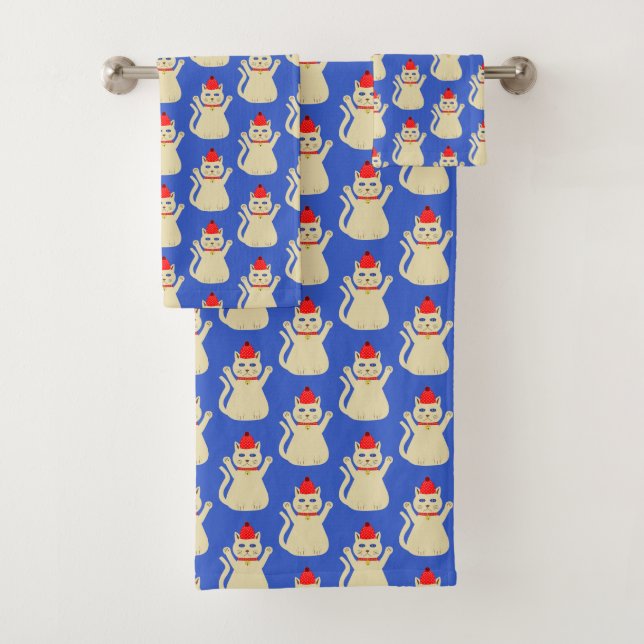Cute Christmas Cat Patterned Bath Towel Set (Insitu)