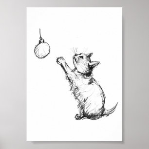 Cute Christmas Cat Reaching for Ornament Poster