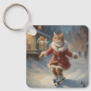 Cute Christmas Cat Skating Playfully Keychain