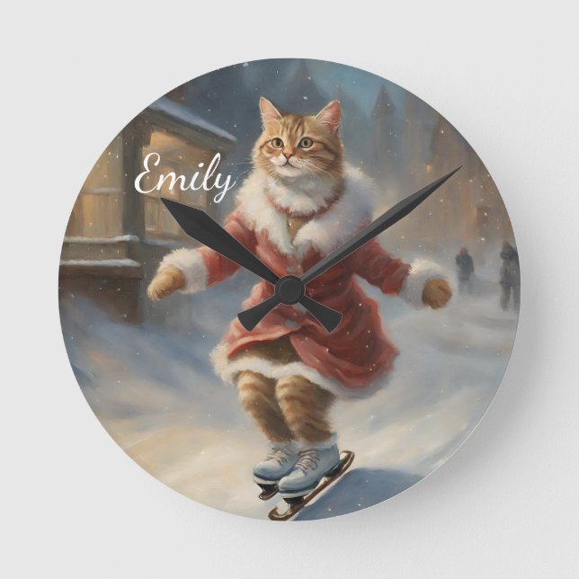 Cute Christmas Cat Skating Playfully Round Clock (Front)