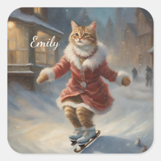 Cute Christmas Cat Skating Playfully Square Sticker