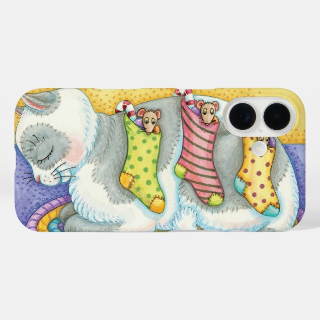 Cute Christmas Cat Sleeping with Mice in Stockings Case-Mate iPhone Case (Back (Horizontal))
