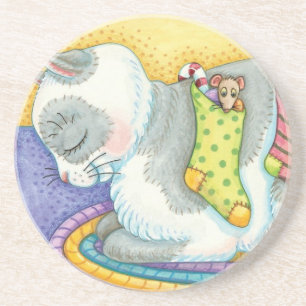 Cute Christmas Cat Sleeping with Mice in Stockings Drink Coaster
