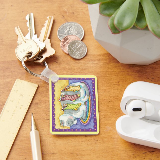 Cute Christmas Cat Sleeping with Mice in Stockings Keychain (Desk)