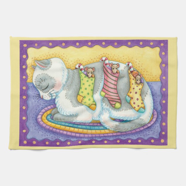 Cute Christmas Cat Sleeping with Mice in Stockings Kitchen Towel (Horizontal)