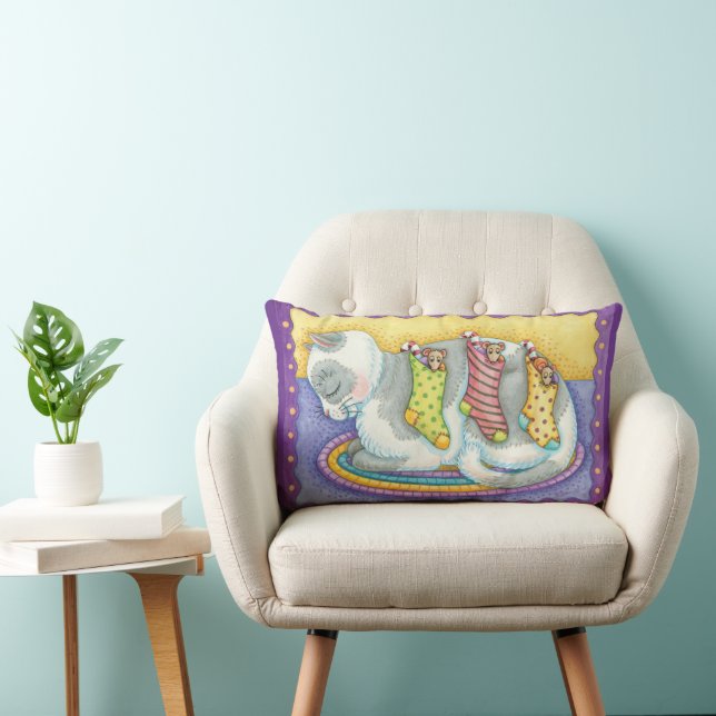 Cute Christmas Cat Sleeping with Mice in Stockings Lumbar Pillow (Chair)