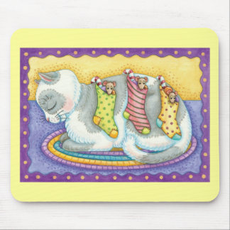 Cute Christmas Cat Sleeping with Mice in Stockings Mouse Pad