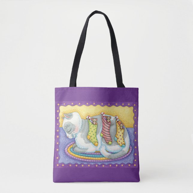 Cute Christmas Cat Sleeping with Mice in Stockings Tote Bag (Front)