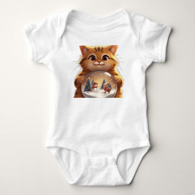 Cute Christmas Cat Snow Globe Baby Jersey Bodysuit (Front)