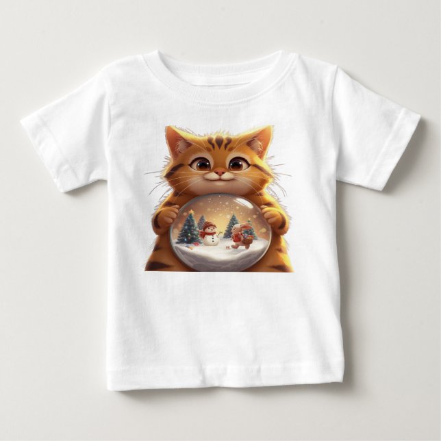 Cute Christmas Cat Snow Globe Baby T-Shirt (Front)