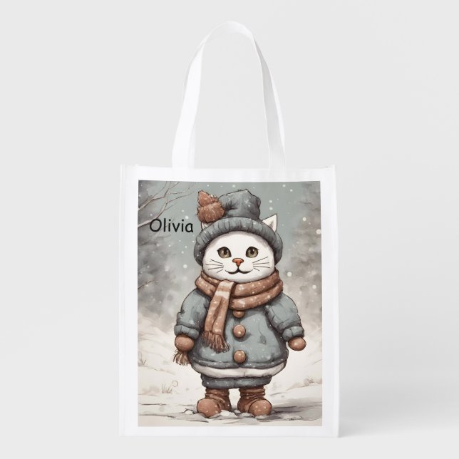 Cute Christmas Cat Snowman Watercolor Whimsical  Grocery Bag (Front)