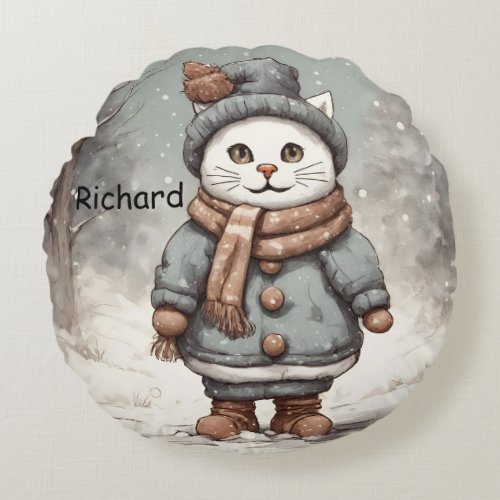 Cute Christmas Cat Snowman Watercolor Whimsical  Round Pillow