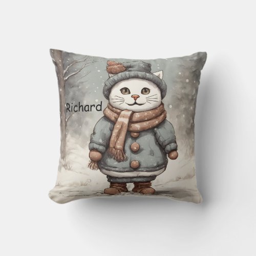 Cute Christmas Cat Snowman Watercolor Whimsical  Throw Pillow
