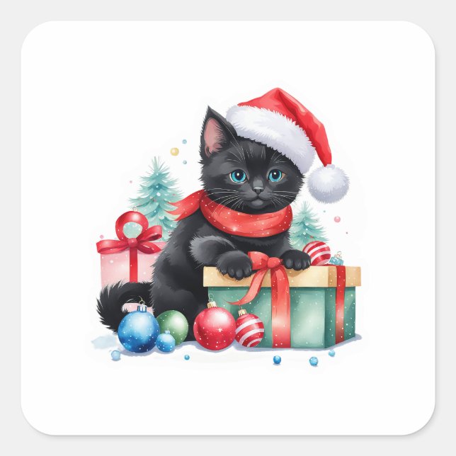 Cute Christmas Cat Sticker – Kitty with Presents  (Front)