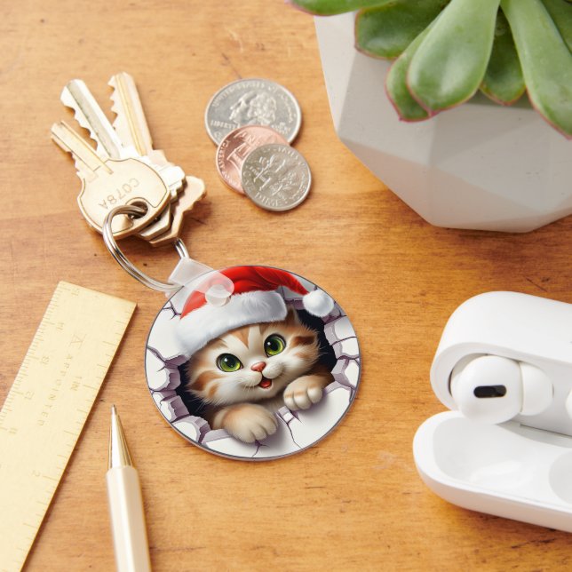 Cute Christmas cat through wall illustrated Keychain (Desk)