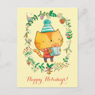 Cute Christmas cat with big gift box Postcard