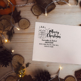 Cute Christmas Cat with Gift, Return Address Rubber Stamp