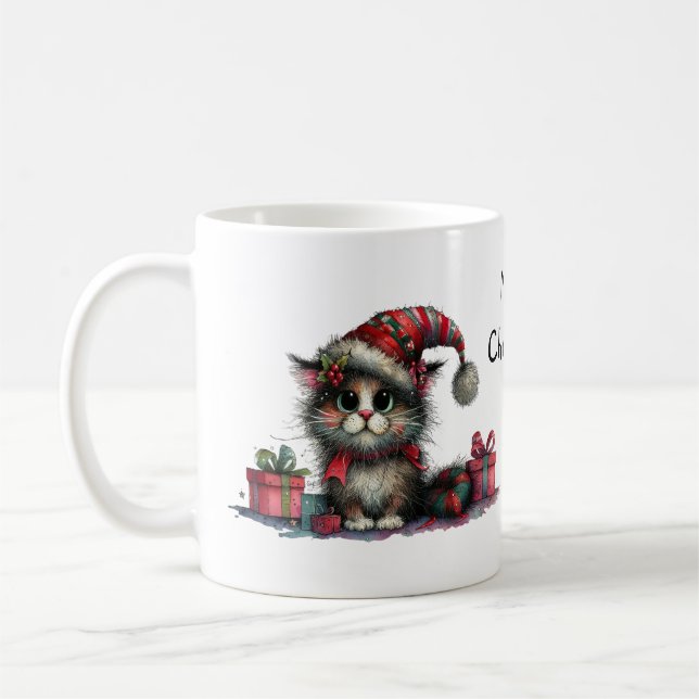 Cute Christmas Cat with Presents Quirky Kitten Coffee Mug (Left)
