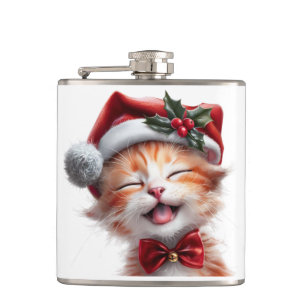 Cute Christmas Cat with Santa Hat and Bow Tie Flask