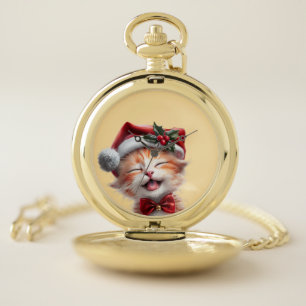Cute Christmas Cat with Santa Hat and Bow Tie Pocket Watch