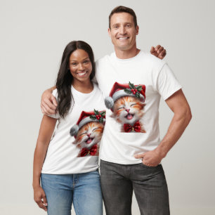Cute Christmas Cat with Santa Hat and Bow Tie T-Shirt