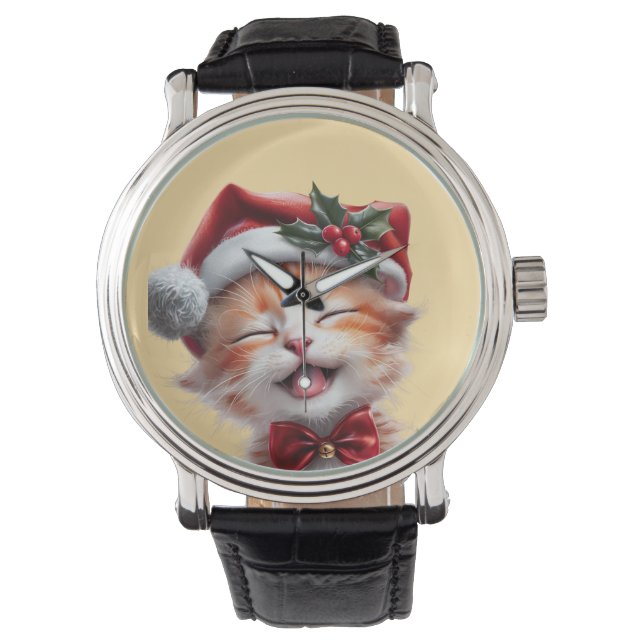 Cute Christmas Cat with Santa Hat and Bow Tie Watch (Front)