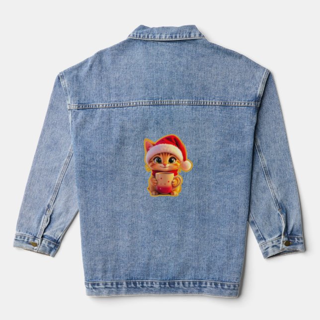 **Cute Christmas Cat with Santa Hat – Funny Holida Denim Jacket (Back)