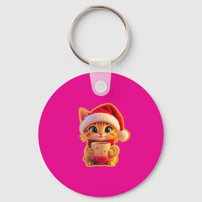 **Cute Christmas Cat with Santa Hat – Funny Holida Keychain (Front)