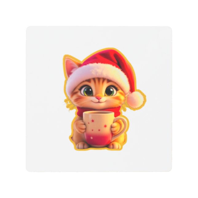 **Cute Christmas Cat with Santa Hat – Funny Holida Metal Print (Front)