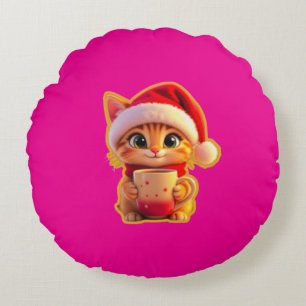 **Cute Christmas Cat with Santa Hat – Funny Holida Round Pillow