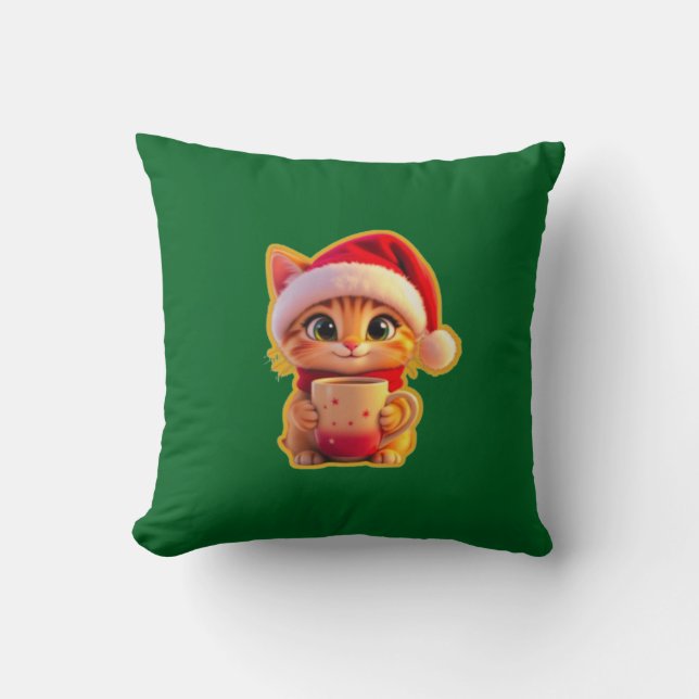 **Cute Christmas Cat with Santa Hat – Funny Holida Throw Pillow (Front)