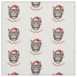 Cute Christmas Cat with Santa Hat Meowy Christmas Fabric