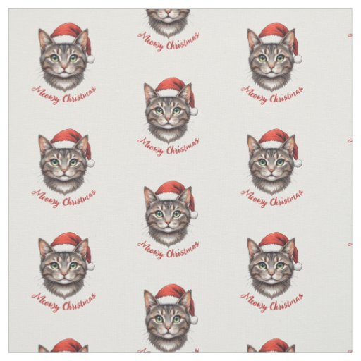 Cute Christmas Cat with Santa Hat Meowy Christmas Fabric